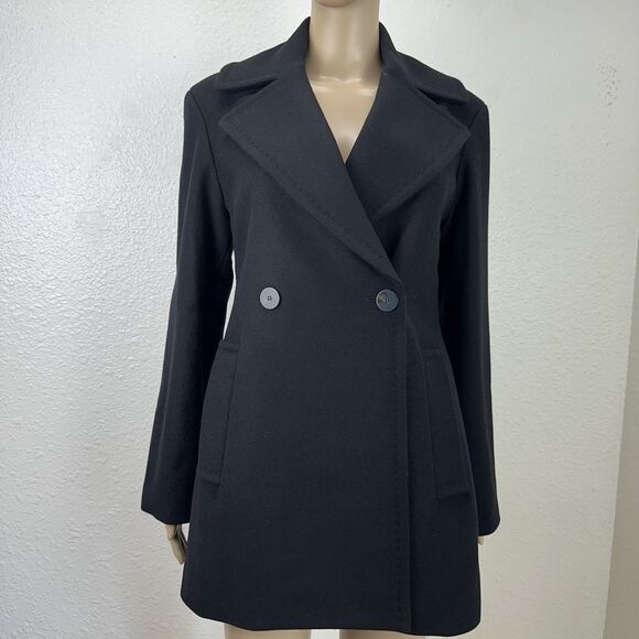 Theory Wool Coat Womens 4 Black Peacoat Double Breasted Money Staple Business - Picture 1 of 15